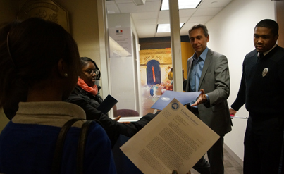 Codman Academy students at French consulate: Students hand-delivered a letter to the Consul on Tuesday morning seeking an end to French travel warnings that single out Dorchester, Mattapan and Roxbury as places for tourists to avoid. Photo courtesy Codman Academy